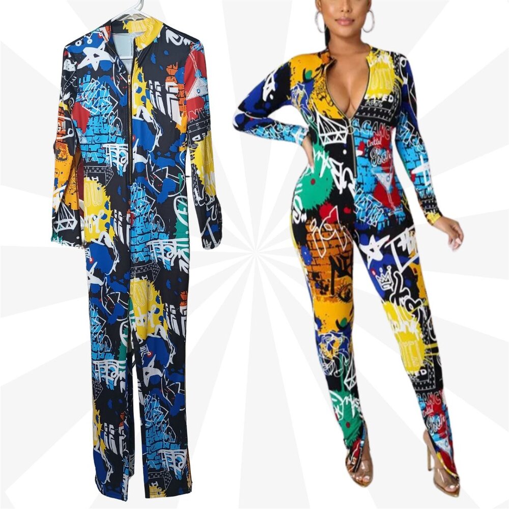 Women Jumpsuits Size M Multicolor Graffiti Print Long Sleeve Bodycon Slim Fit